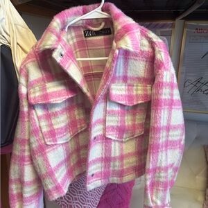 Zara Women's Pink and Cream Plaid Jacket